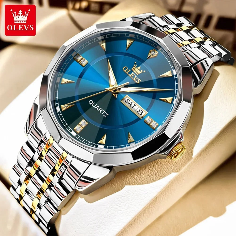 ساعة أوليفز الرجالية – كوارتز عصرية بمرآة ماسية الشكل، مقاومة للماء ومضيئة مع عرض اليوم والتاريخ وسوار ستانلس ستيل OLEVS Men’s Quartz Watch Rhombus Mirror Stainless Steel Waterproof Luminous Day-Date