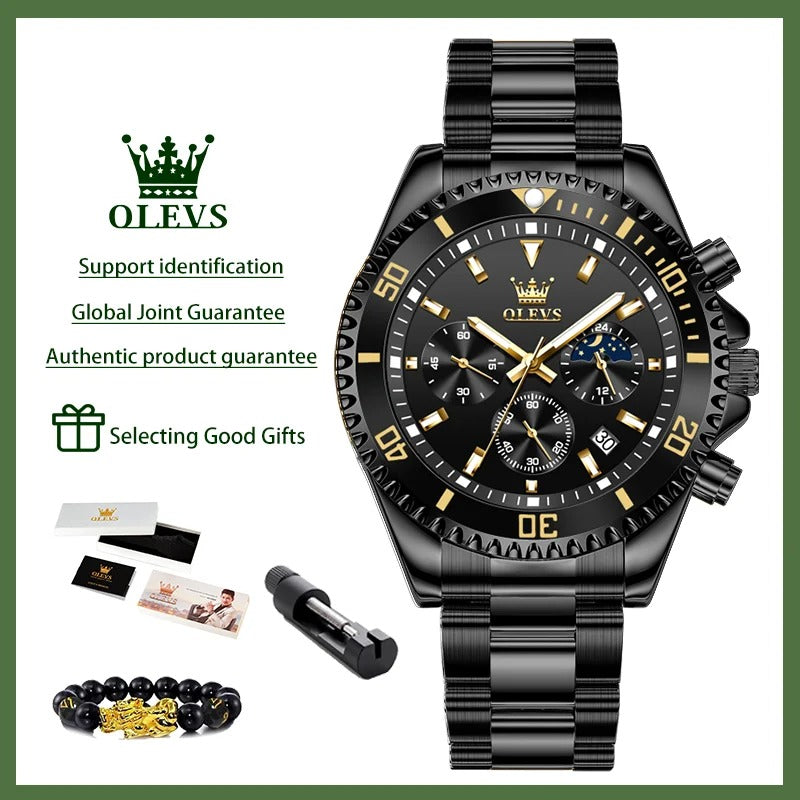 ساعة أوليفز 2870 للرجال – كوارتز أصلية بميزة طور القمر مع كرونوغراف وتقويم فولاذي وقرص فاخر كبير بتصميم رياضي فاخر OLEVS 2870 Men’s Quartz Watch Moon Phase Chronograph Steel Calendar Big Dial Luxury Sports