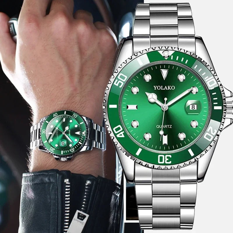 ساعة رجالية كوارتز فاخرة ستانلس ستيل مع تقويم باللون الأخضر Men’s Quartz Stainless Steel Watch with Calendar Green Luxury