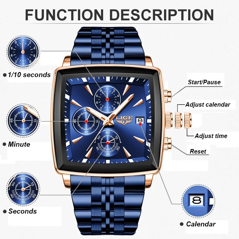 ساعة لايج الفاخرة للرجال – كوارتز كرونوغراف عسكرية رياضية مربعة مقاومة للماء LIGE Luxury Men’s Square Chronograph Quartz Watch Military Sport Waterproof