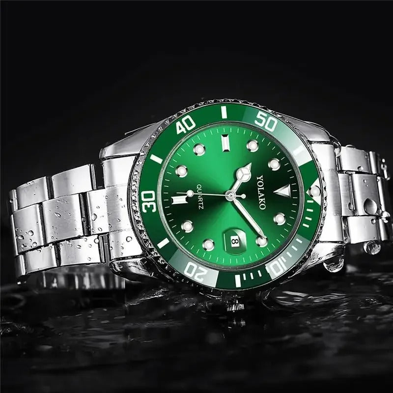 ساعة رجالية كوارتز فاخرة ستانلس ستيل مع تقويم باللون الأخضر Men’s Quartz Stainless Steel Watch with Calendar Green Luxury