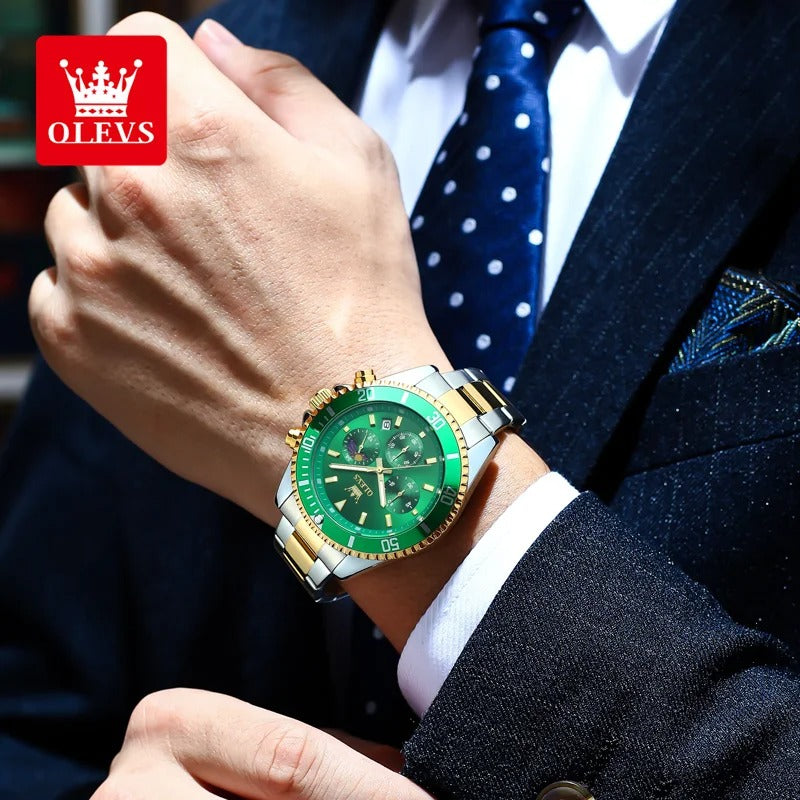 ساعة أوليفز 2870 للرجال – كوارتز أصلية بميزة طور القمر مع كرونوغراف وتقويم فولاذي وقرص فاخر كبير بتصميم رياضي فاخر OLEVS 2870 Men’s Quartz Watch Moon Phase Chronograph Steel Calendar Big Dial Luxury Sports