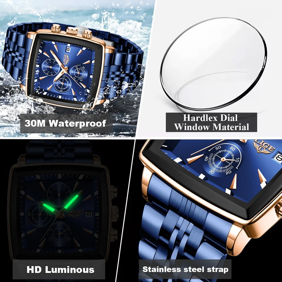 ساعة لايج الفاخرة للرجال – كوارتز كرونوغراف عسكرية رياضية مربعة مقاومة للماء LIGE Luxury Men’s Square Chronograph Quartz Watch Military Sport Waterproof