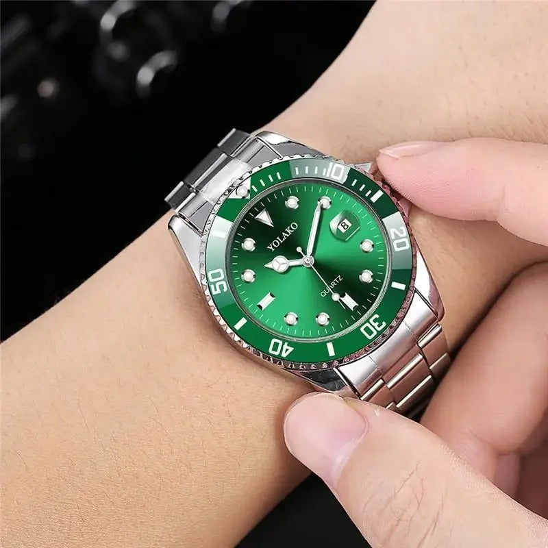 ساعة رجالية كوارتز فاخرة ستانلس ستيل مع تقويم باللون الأخضر Men’s Quartz Stainless Steel Watch with Calendar Green Luxury