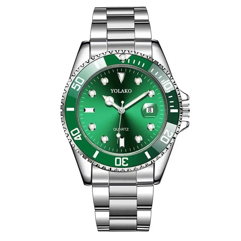 ساعة رجالية كوارتز فاخرة ستانلس ستيل مع تقويم باللون الأخضر Men’s Quartz Stainless Steel Watch with Calendar Green Luxury