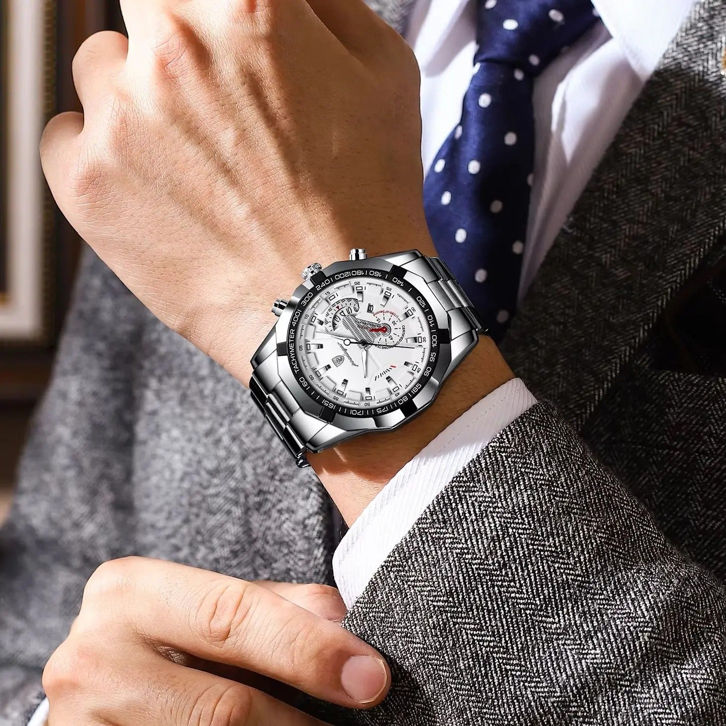 ساعة بوداغار الفاخرة للرجال – عسكرية كوارتز مع كرونوغراف، مقاومة للماء ومضيئة مع عرض التاريخ وسوار ستانلس ستيل POEDAGAR Luxury Men’s Military Quartz Chronograph Watch Waterproof Luminous Date Stainless Steel