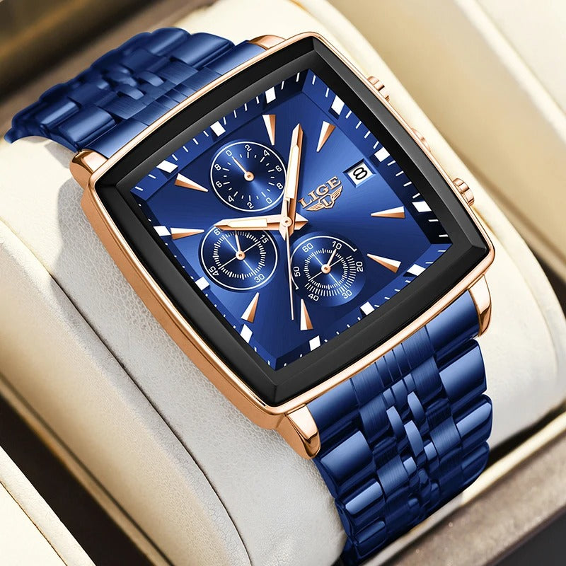 ساعة لايج الفاخرة للرجال – كوارتز كرونوغراف عسكرية رياضية مربعة مقاومة للماء LIGE Luxury Men’s Square Chronograph Quartz Watch Military Sport Waterproof