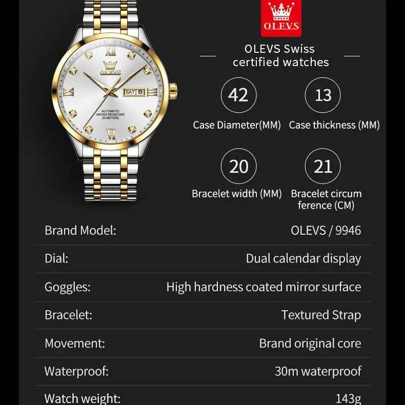 ساعة أوليفز 9946 الجديدة – ساعة أوتوماتيكية ميكانيكية للرجال بقرص فاخر مرصع بالألماس مع عرض مزدوج للتقويم والتاريخ التلقائي، مقاومة للماء OLEVS 9946 Automatic Mechanical Watch Luxury Diamond Dial Dual Calendar Waterproof