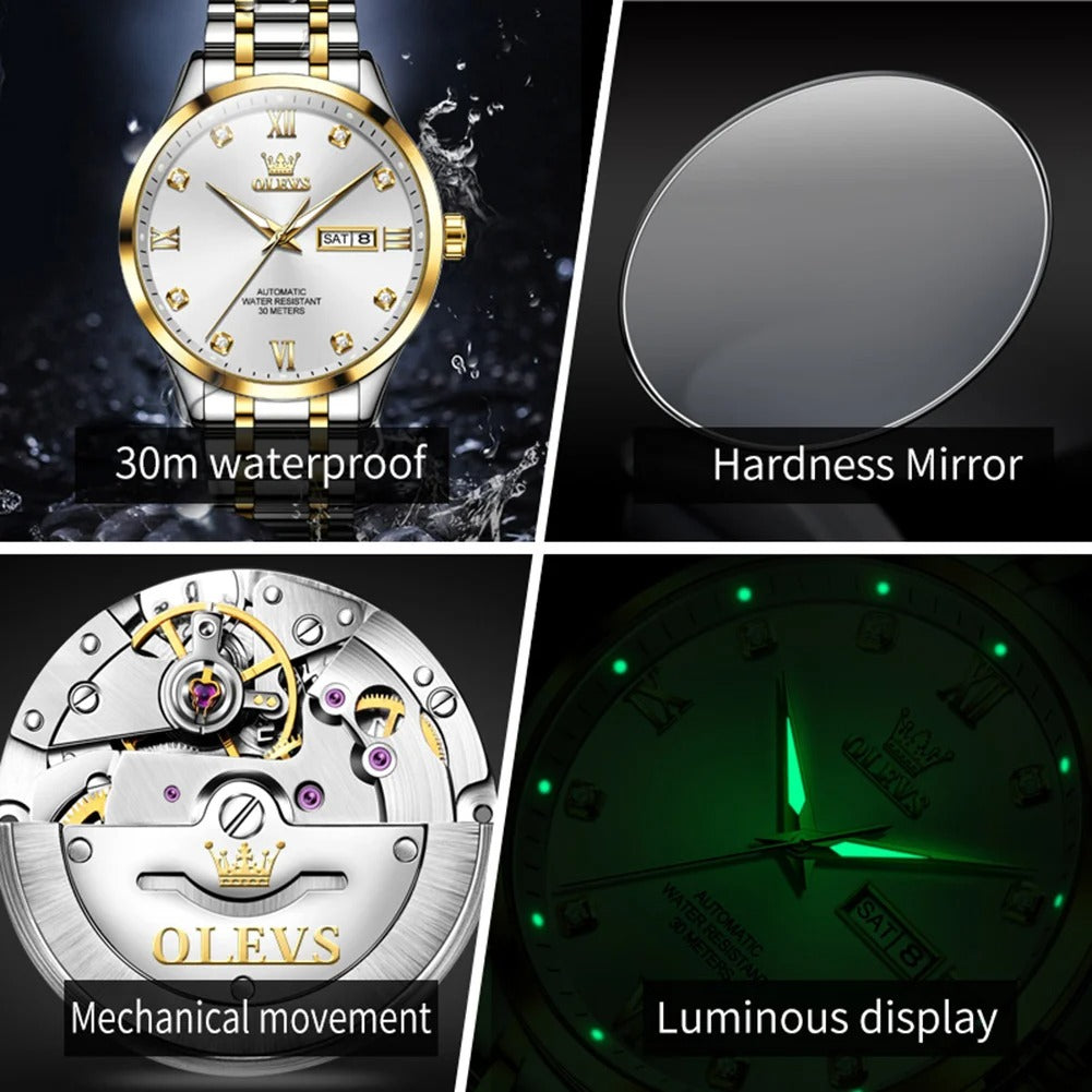 ساعة أوليفز 9946 الجديدة – ساعة أوتوماتيكية ميكانيكية للرجال بقرص فاخر مرصع بالألماس مع عرض مزدوج للتقويم والتاريخ التلقائي، مقاومة للماء OLEVS 9946 Automatic Mechanical Watch Luxury Diamond Dial Dual Calendar Waterproof