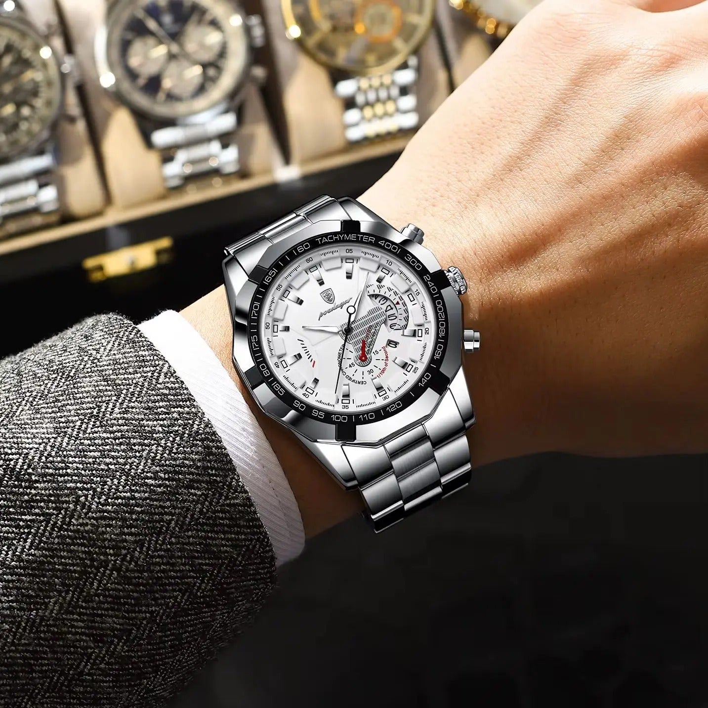 ساعة بوداغار الفاخرة للرجال – عسكرية كوارتز مع كرونوغراف، مقاومة للماء ومضيئة مع عرض التاريخ وسوار ستانلس ستيل POEDAGAR Luxury Men’s Military Quartz Chronograph Watch Waterproof Luminous Date Stainless Steel