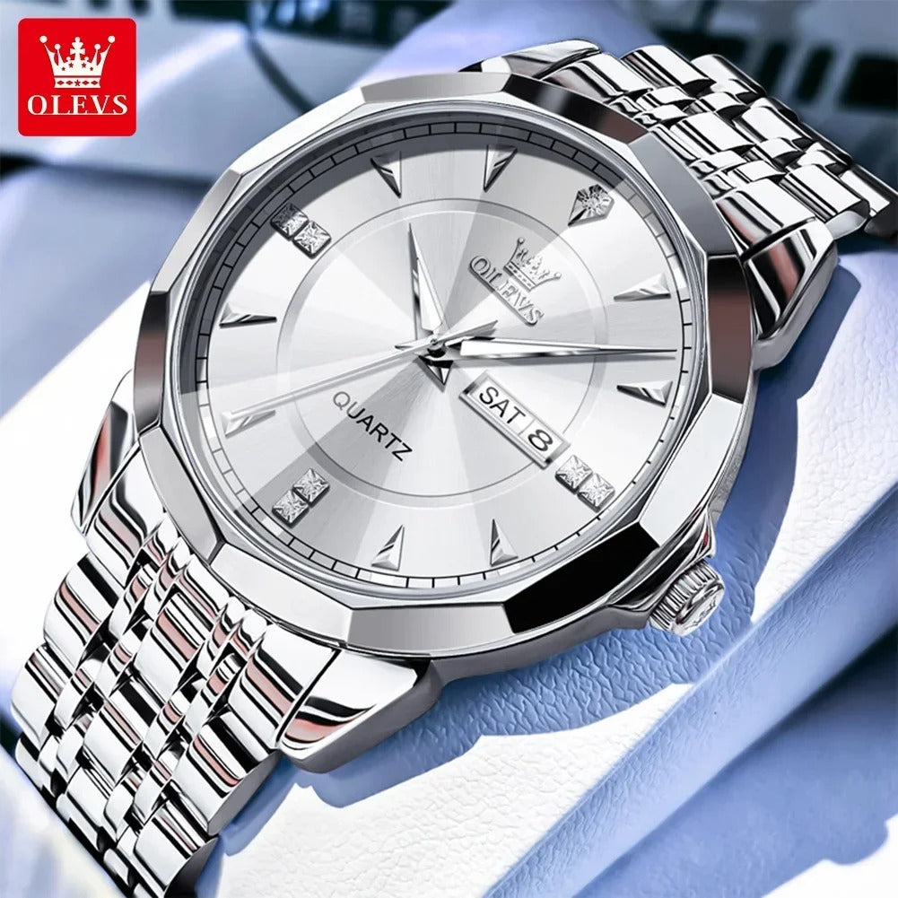 ساعة أوليفز الرجالية – كوارتز عصرية بمرآة ماسية الشكل، مقاومة للماء ومضيئة مع عرض اليوم والتاريخ وسوار ستانلس ستيل OLEVS Men’s Quartz Watch Rhombus Mirror Stainless Steel Waterproof Luminous Day-Date