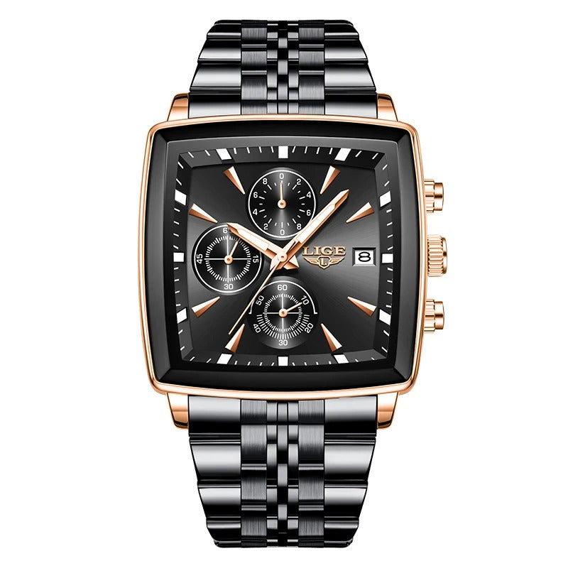 ساعة لايج الفاخرة للرجال – كوارتز كرونوغراف عسكرية رياضية مربعة مقاومة للماء LIGE Luxury Men’s Square Chronograph Quartz Watch Military Sport Waterproof