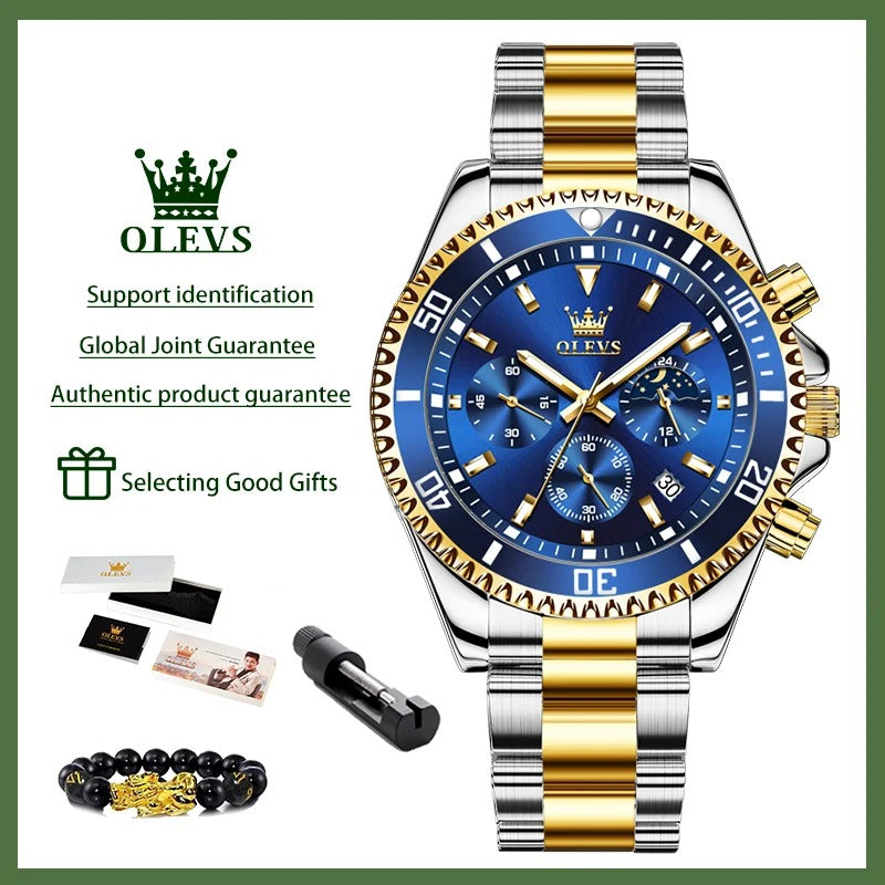 ساعة أوليفز 2870 للرجال – كوارتز أصلية بميزة طور القمر مع كرونوغراف وتقويم فولاذي وقرص فاخر كبير بتصميم رياضي فاخر OLEVS 2870 Men’s Quartz Watch Moon Phase Chronograph Steel Calendar Big Dial Luxury Sports