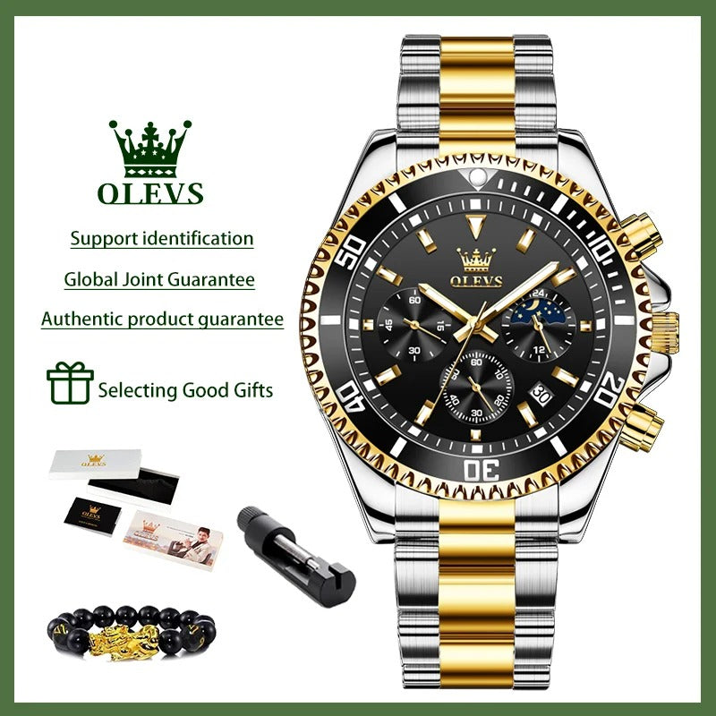 ساعة أوليفز 2870 للرجال – كوارتز أصلية بميزة طور القمر مع كرونوغراف وتقويم فولاذي وقرص فاخر كبير بتصميم رياضي فاخر OLEVS 2870 Men’s Quartz Watch Moon Phase Chronograph Steel Calendar Big Dial Luxury Sports